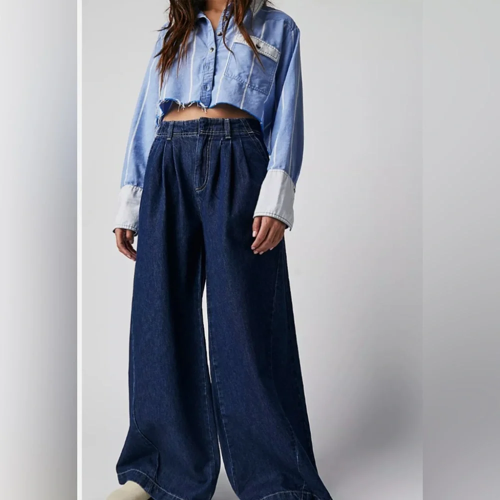 NWT Free People Equinox Blue Denim Wide Leg Trouser SZ 29 100% Cotton - Picture 1 of 11